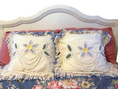 Vintage Chenille Cottagecore Fringe Throw Pillow Pair 20x20 Wayne Caron Shams
