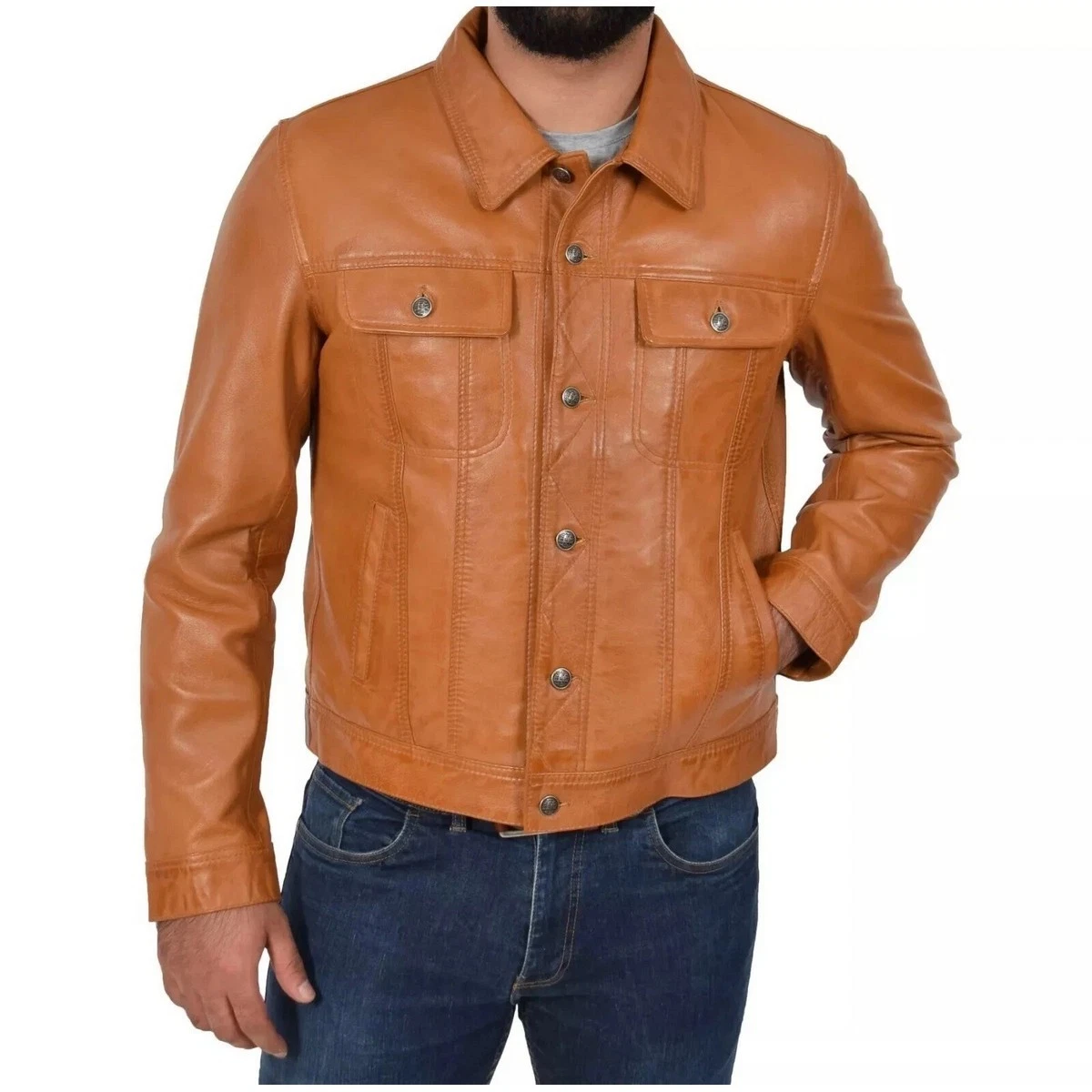 Urban New Men's Leather Trucker Jacket American Western Style Denim Tan Jacket
Opens in a new window