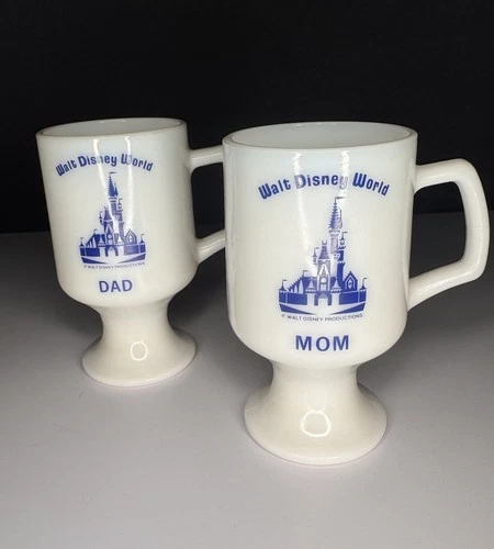 RARE Vintage 1970s Walt Disney World Milk Glass Mugs, Set Of 2, ‘Mom’ ‘Dad’