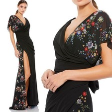 NWT Mac Duggal Black Faux Wrap Multi Colored Beaded Floral Gown $798 - Size 2