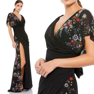 NWT Mac Duggal Black Faux Wrap Multi Colored Beaded Floral Gown $798 - Size 2