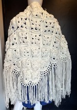 Vintage Handmade Crochet Ivory Boho Shawl Gorgeous Design With Tassels 
