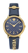 Versace Watch V-Circle Blue Dial Gold Steel 38mm Swiss Quartz Blue Leather WR...