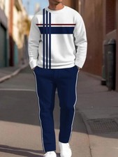 Plus Size Men's Gray and White Striped Casual Sports Suit - Crew Neck Design,