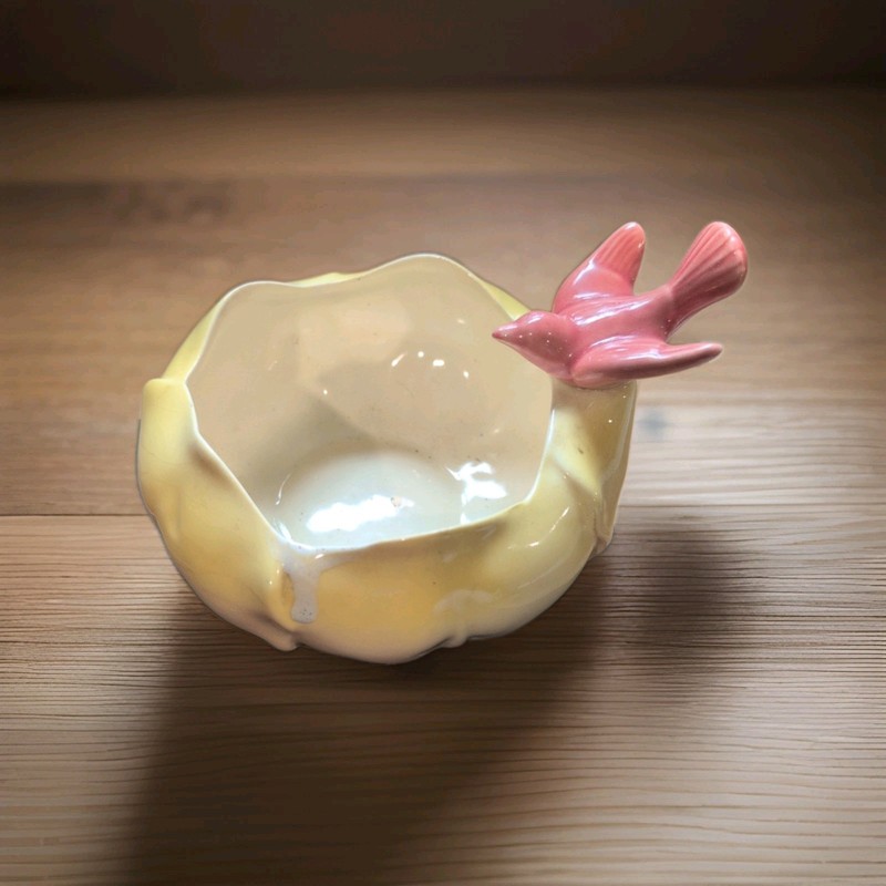 Vintage "Royal Copley" Yellow Lotus Flower and Pink Bird Planter