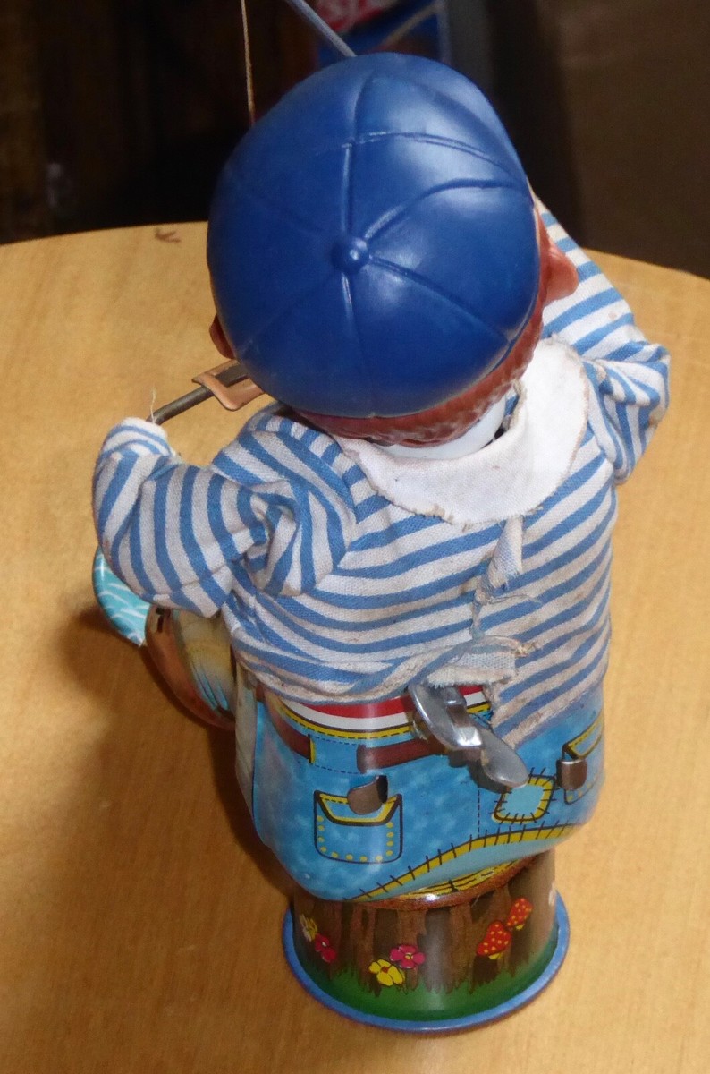 Jouet Mécanique Ancien Jolly Fisherman – ALPS Japan, Boîte Abîmée, état Fonctionnel