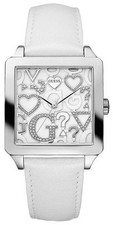 NEW GUESS WATCH PEARL WHITE LEATHER WITH 3D LOGO+HEARTS DIAL-U85115L1