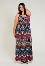 2X Maxi Dress Plus Size SWAK Empire Waist Sleeveless Polyester Blend Print
