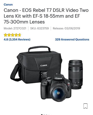 Canon EOS Rebel T7 24.1MP Digital Camera - Black (Kit with 18-55mm and 75-300mm