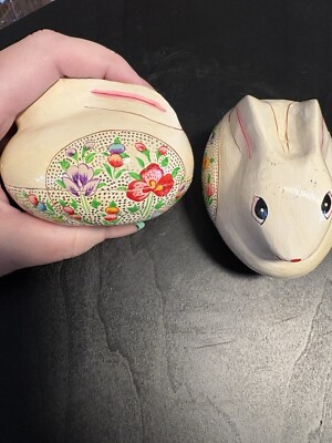 2 Vtg Easter Bunny/Rabbit Handmade/painted Trinket Box Kashmir India Carol Sax