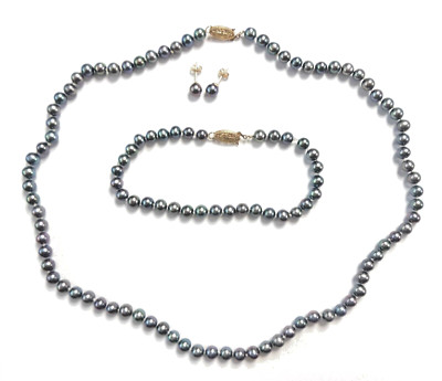 Jacmel 14K Clasp, Silver Gray Cultured Pearls Necklace Earrings Bracelet 3pc Set