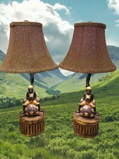 Vintage Hand Painted Sitting Monkeys Desktop Table Lamps Leopard Shades 25"