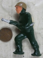 Vintage Barclay Pod Foot Soldier in Green Flame Thrower Brown Helmet