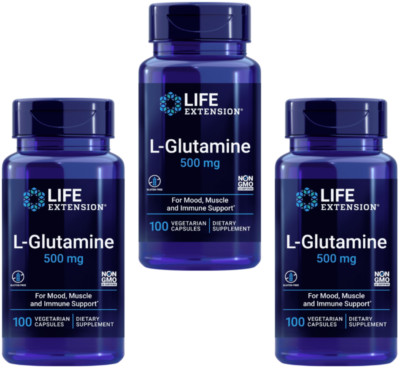 3 PACK Life Extension L-Glutamine 500 mg Mood Muscle Immune Support 100 Veg Caps