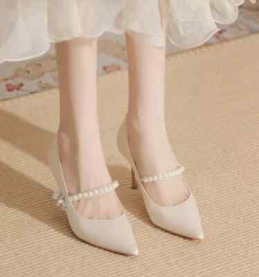 Dekolleté Damenschuhe 8 Cm Beige Satin Perlen Elegant Kunstleder 82256