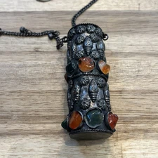 Vintage Sajai Metal Lipstick Holder with Natural Stones & Chain Strap