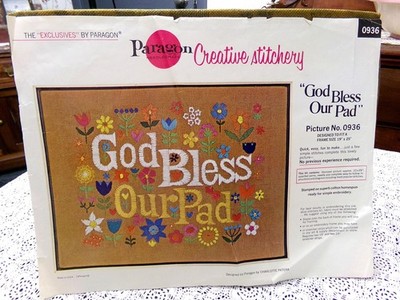 GOD BLESS Our PAD Crewel Embroidery Kit Vtg Paragon Needlecraft 0936 Boho Hippie