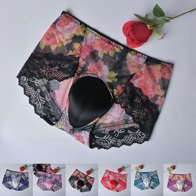 Ultradünner Herren-Slip Eis Seide Netz mit 3D Ausbuchtung Beutel Blumenmuster