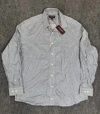 Johnston & Murphy Men’s Shirt Blue White Ladderstripe Button Down Size XL NWT
