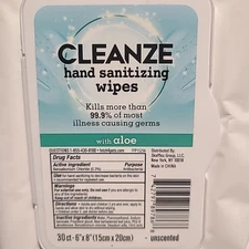 2 PK Cleanze Hand Sanitizing Wipes With Aloe ￼30 Ct Package 6" x 8" Unscented FS