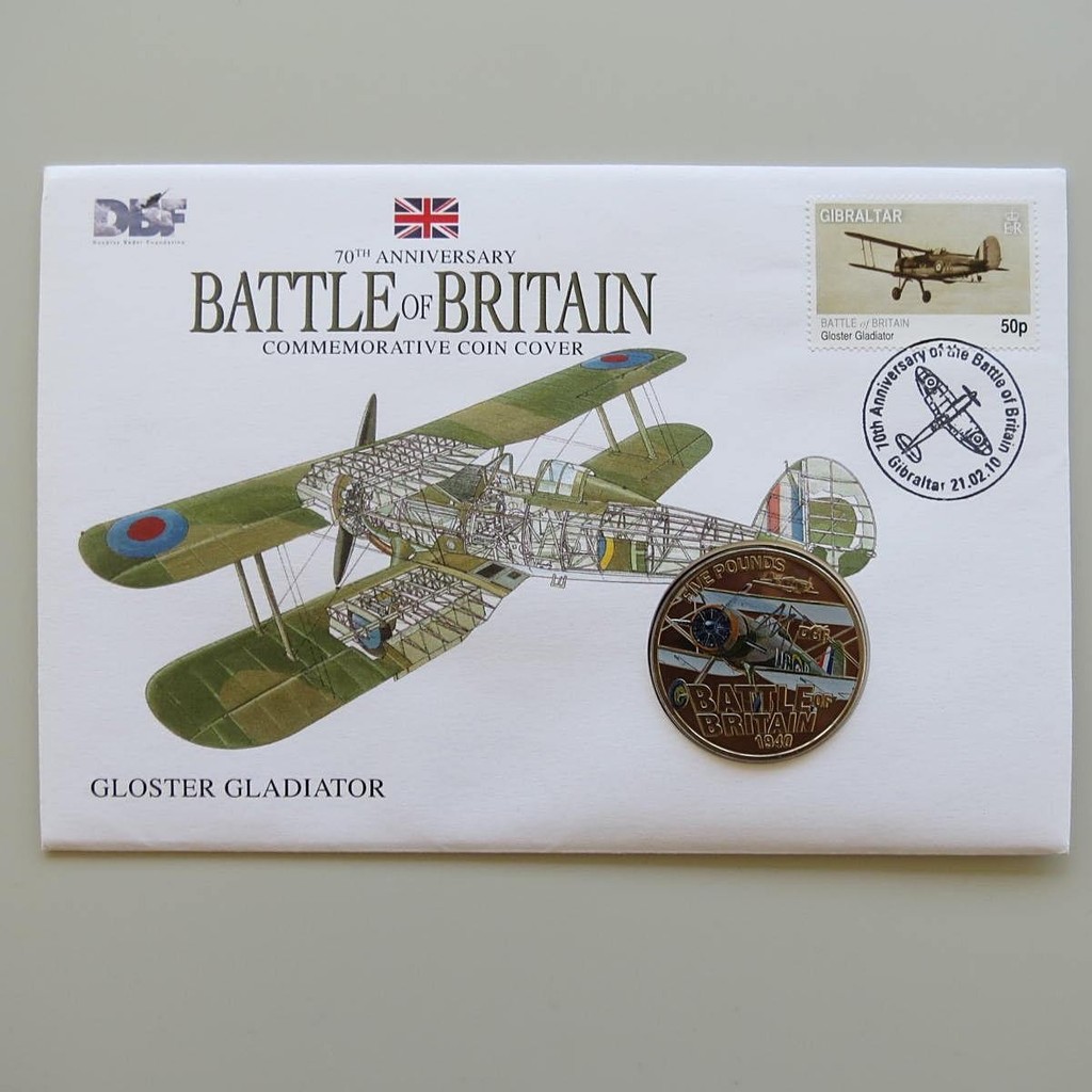 2010 The Battle of Britain 70th Anniversary Gloster Gladiator £5 Coin Cover - Gibraltar PNC First Day Covers