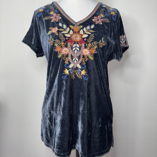 Paparazzi Stretch Samt Bluse bestickt Oberteil Kurzarm Damen Gr. M