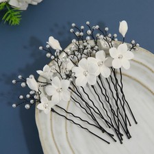 7Pc White Flower Pearl Bridal Hair Pins - Wedding Clips for Bridesmaids