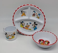 Vtg 80s Disney Babies Melamine Dish Set Plate Bowl Cup 1984 Mickey Minnie Donald