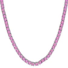 25Ct Round Lab Created Pink Sapphire 18" Tennis Necklace 14K White Gold Plated