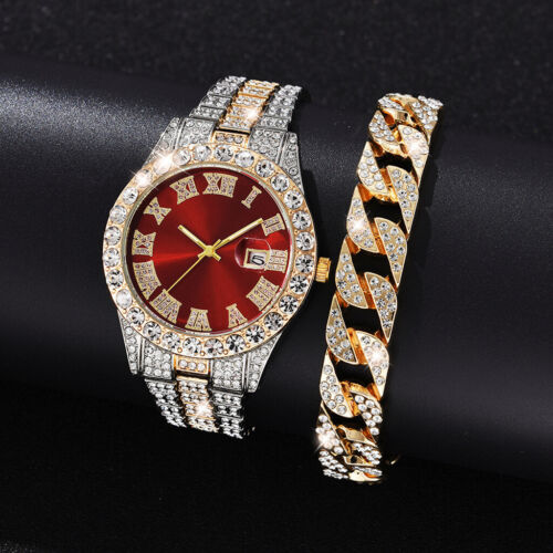 Ensemble montre et bracelet glacés homme bling luxe plaqué argent diamant hip-hop - Photo 1 sur 39