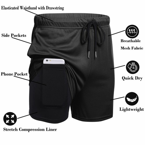 Men 2 in 1 Workout Running Shorts Training Yoga Gym Pants with Zipper Pockets US - Picture 4 of 24