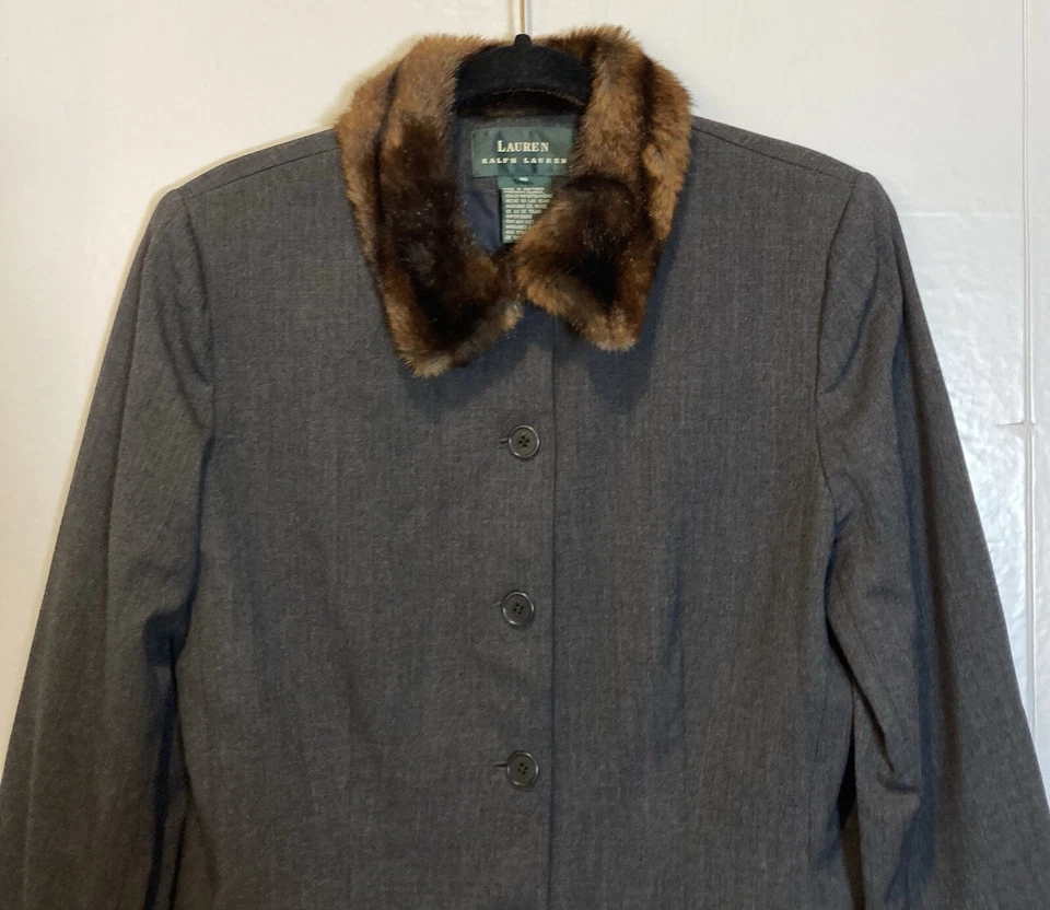 Chaqueta de lana vintage Lauren Ralph Lauren para mujer 10 gris carbón cuello de piel sintética Foto 3 de 4