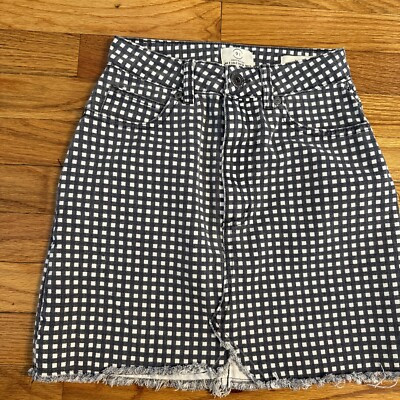 Cotton On Women’s A-line Mini Denim Plaid Window Check Sz EUC ripped Edge  Gray
