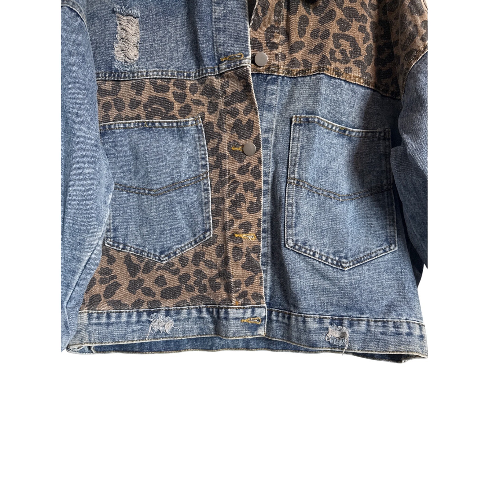 Distressed Denim Jacket Leopard Print Patchwork W… - image 8