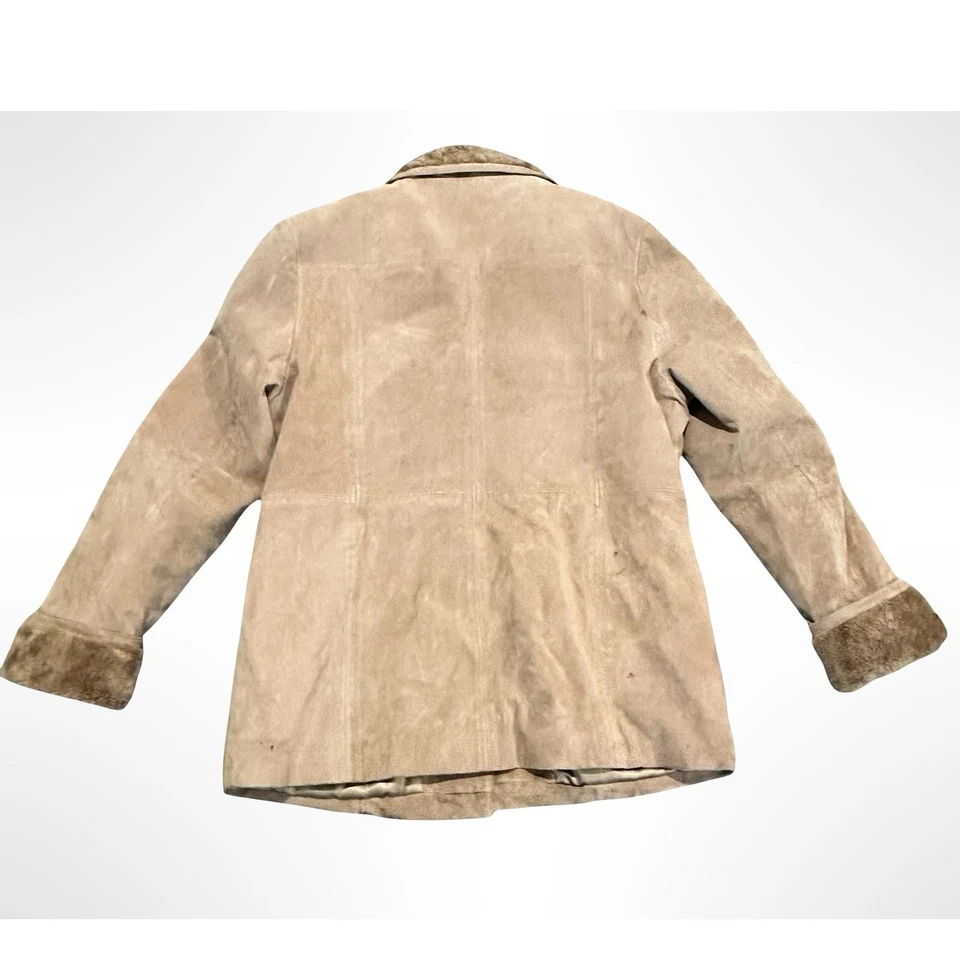 ESPRIT Suede Leather Jacket with Faux Fur Trim Womens Large Button Down Vintage - Image 2 of 4