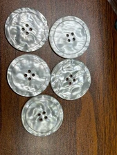 Buttons 5 White iridescent MOP 4-hole round flat 1 1/2" VTG