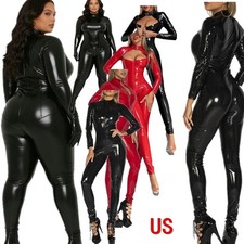 US Gloved Sleeve Shiny Leather Catsuit Women Glossy Openable Crotch Nightwear