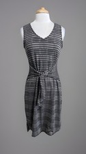 H BY HALSTON Women's Small Gray Black Geo Striped Tie Midi Dress Casual Travel