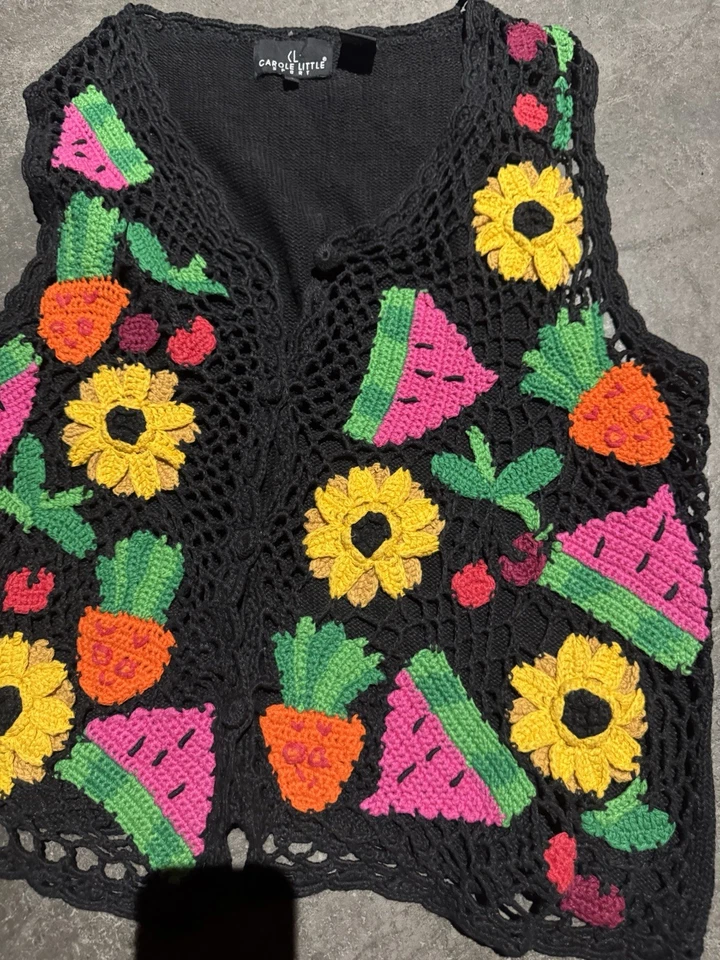 Vintage 90s Carole Little Crochet Sweater Vest Summer Fruit Sunflower M - Image 2 of 4