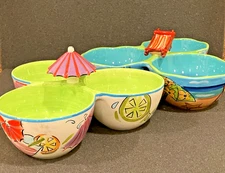 Set of 2 - Clay Art - Three Bowl Condiment Chip Salsa Party Dish Bowls Vintage