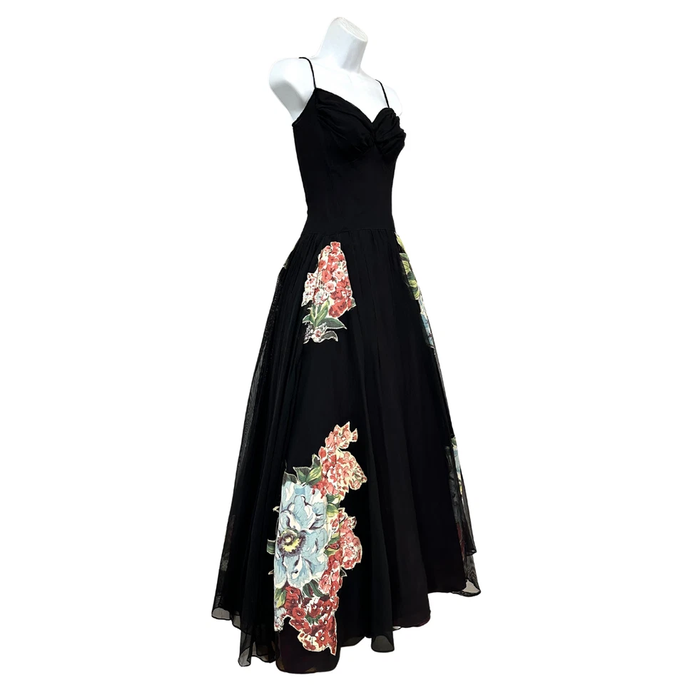 Maxi Vestido Formal Vintage Años 40 con Apliques Florales Negro Transparente Novia Foto 3 de 4
