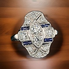 14k White Gold Vintage Filigree Art Deco Ring 0.77ct. Natural Diamond Sapphire