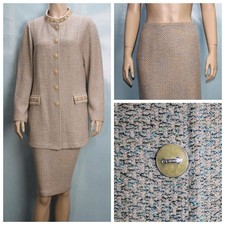 St John Collection Beige Jacket Skirt M L 8 10 2pc Suit Teal Bead Trim Buttons