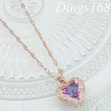Genuine 18K Rose Gold Filled Purple Crystal Heart Pendant 2mm Lip Chain Necklace