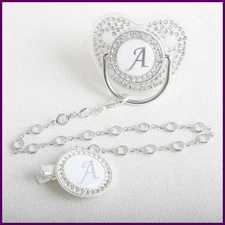 26 Initial Letter Transparent Baby Pacifier With Chain BPA Free Luxury Silver