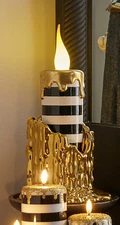 McKenzie Childs Haunted House Tall Gold Candle Holder & Illuminated Candle