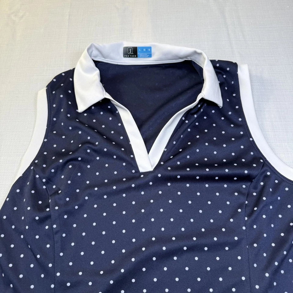 PGA TOUR 高尔夫女式 Airflux 无袖高尔夫 Polo 衫 L 码蓝色白色圆点 — 第 4/4 张图片