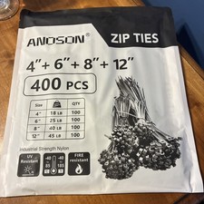 ANOSON Zip Ties Assorted 4/6/8/12" 400 Pack Black UV Resistant   Factory Sealed