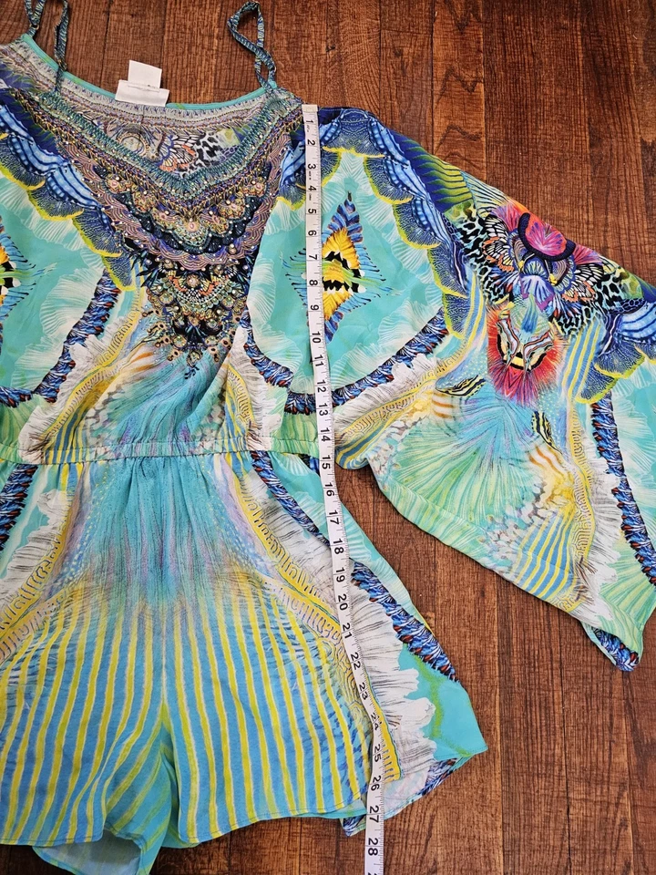 Camilla 100% Seda Arrecife Guerrero Vibrante Multicolor Fuera del Hombro Traje Mameluco XL Foto 4 de 4