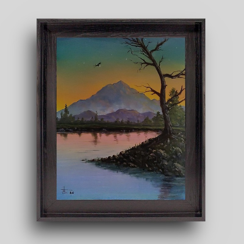 JOHN ART STUDIO Mountain Lake Sundown  14x11 Original Expressionism Art  0009